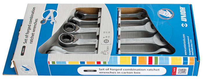 Unior 160/2CS Ratchet Combination Spanners in Carton Box - Metric, 6 Pce