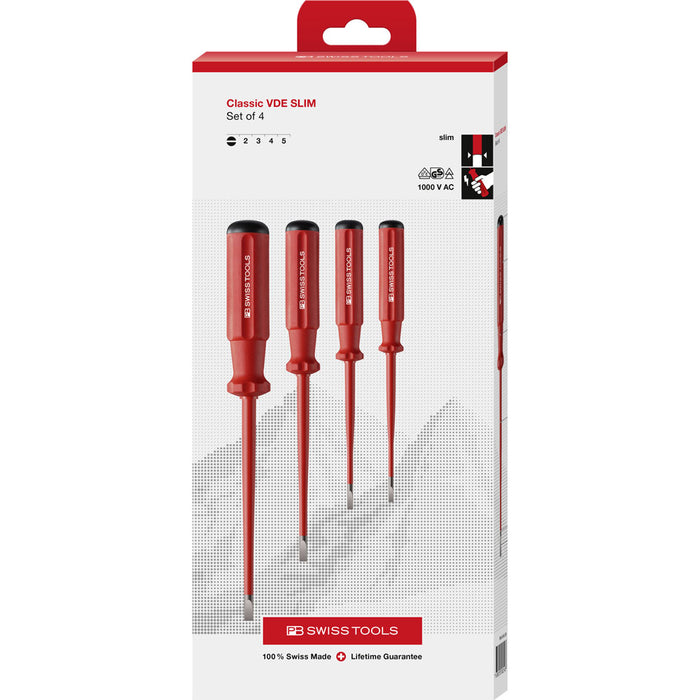 PB Swiss 4 Pce Slotted Classic VDE Slim Screwdriver Set in Cardboard Box