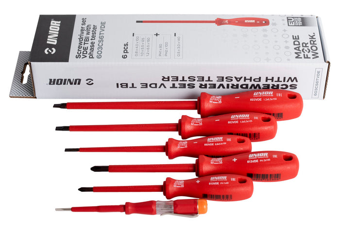 Unior 603CS6TVDE Screwdriver Set VDE with Phase Tester, 6 Pce