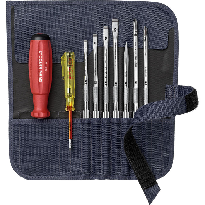 PB Swiss Slotted & Phillips SwissGrip Screwdriver 9 Pce Set with Interchangeable Blades in a Roll-Up Case