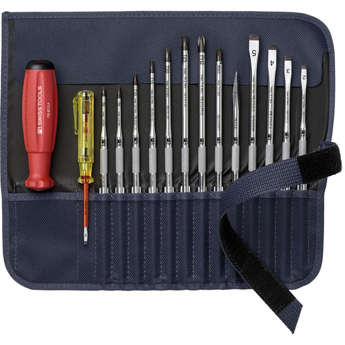 PB Swiss Slotted, Phillips & Torx Screwdriver 16 Pce Set with Interchangeable Blades in Roll-Up Case