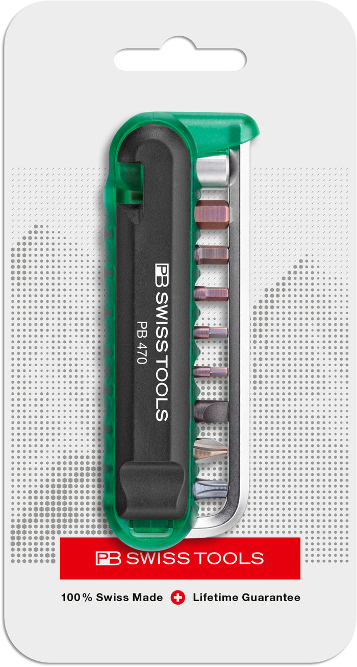 PB Swiss 470 Green BikeTool Pocket Tool with 9 Screwdriving Tools & 2 Tyre Levers in Skin Pack