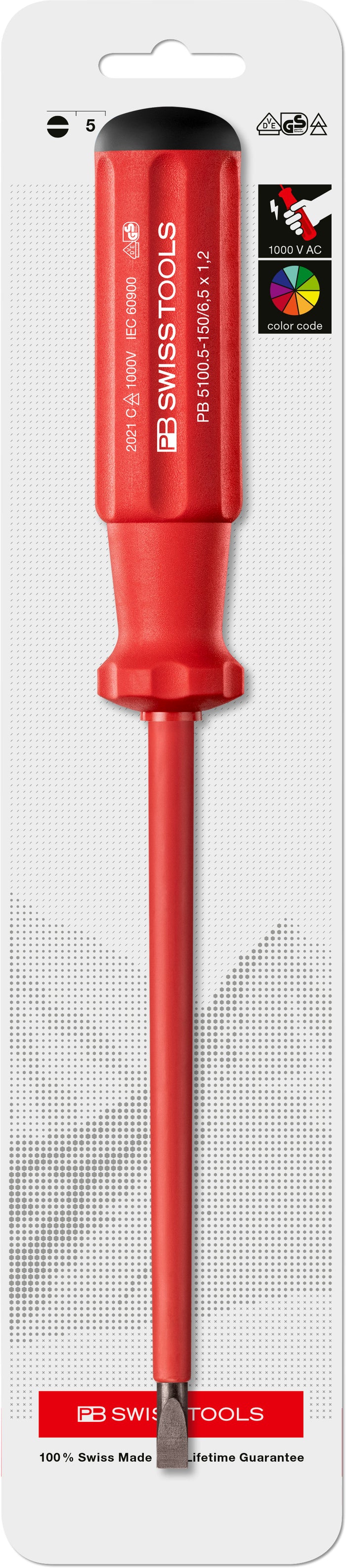 PB Swiss 5100.5-150 Classic VDE 1.2 x 6.5mm Slotted Screwdriver in Skin Pack