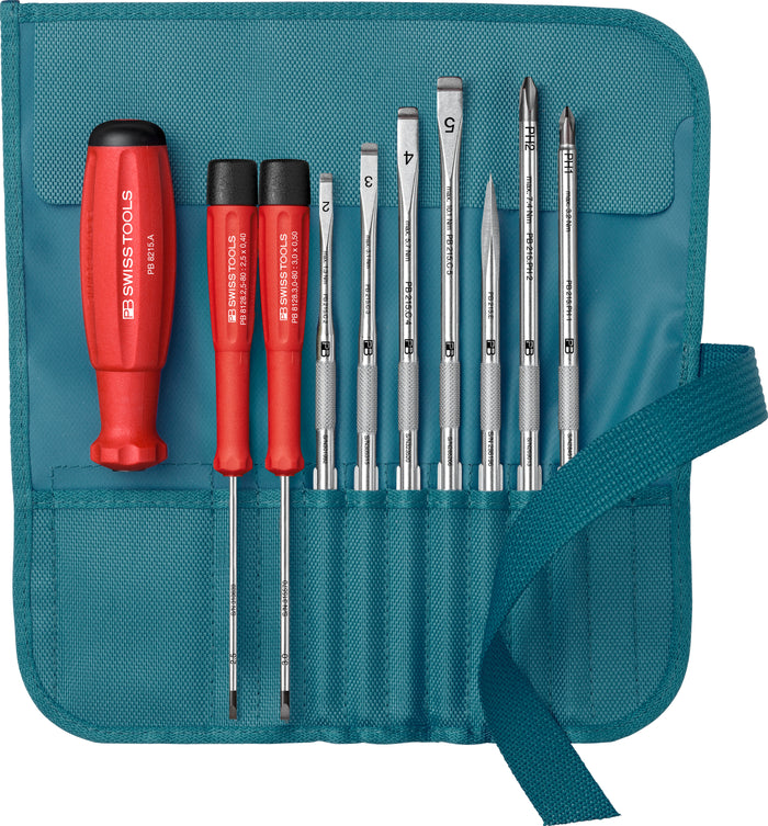 PB Swiss 8218.PE SwissGrip Screwdriver 9 Pce Set with Interchangeable Blades in Roll-Up Case