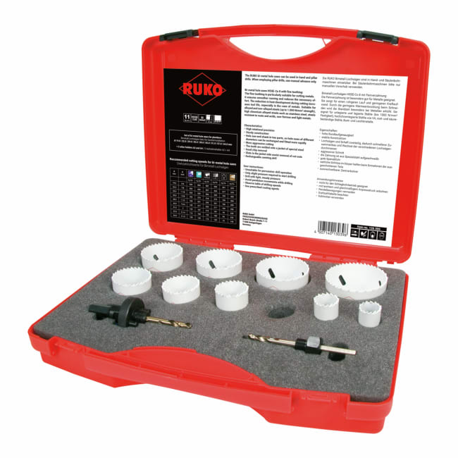 Ruko Set of Bi-Metal Hole Saws HSS Co 8 in Plastic Case 11 Piece 126306