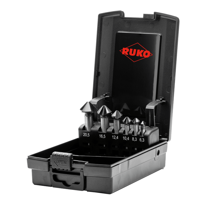 RUKO Ultimatecut Taper & Deburring Countersinker Set HSSE-Co 5 RUnaTEC DIN 335 Type C 90° in Plastic Case, 6 Pce