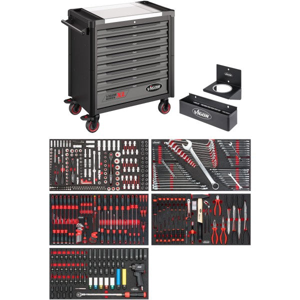 Vigor 466 Piece Tool Trolley Series XL Stainless Steel Worktop with Assortment V4481-X/466