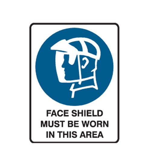 Brady Mandatory Sign - Face Shield Must Be Worn In This Area, H600mm x W450mm, Metal, White/Blue