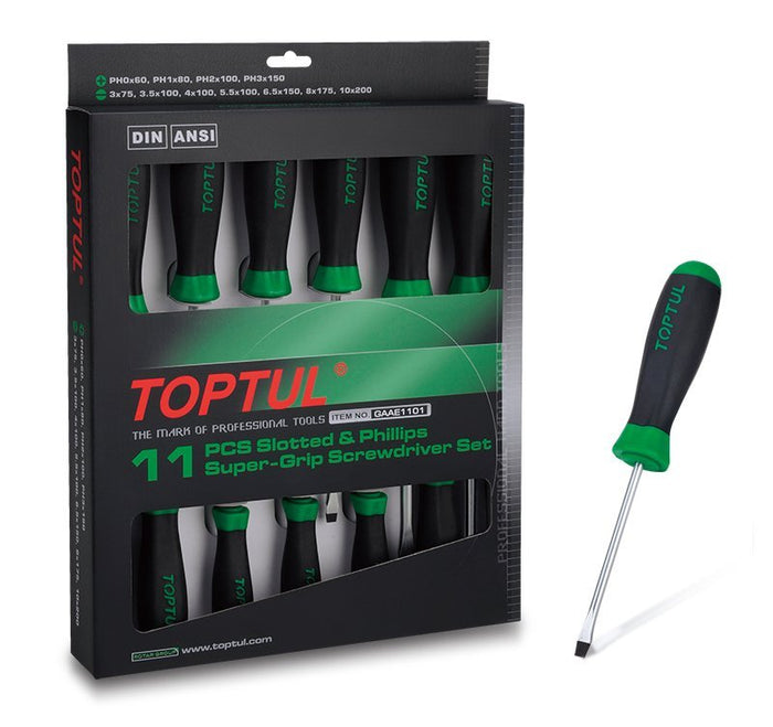Toptul 11 Pce Slotted & Phillips Super-Grip Screwdriver Set