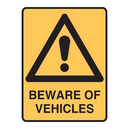 Brady Warning Sign - Beware Of Vehicles, H450mm x W300mm, Polypropylene, Yellow/Black
