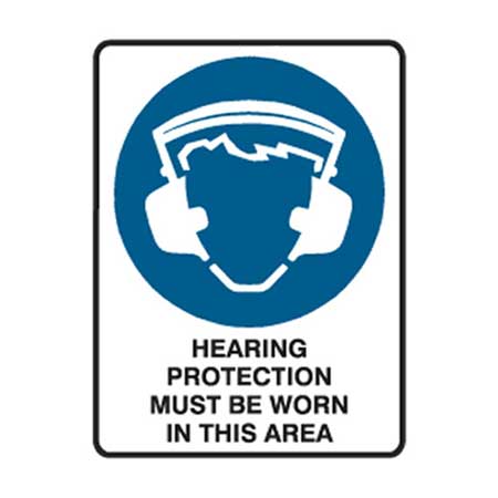 Brady Mandatory Sign - Hearing Protection Must Be Worn In This Area, H900mm x W600mm, Metal, White/Blue