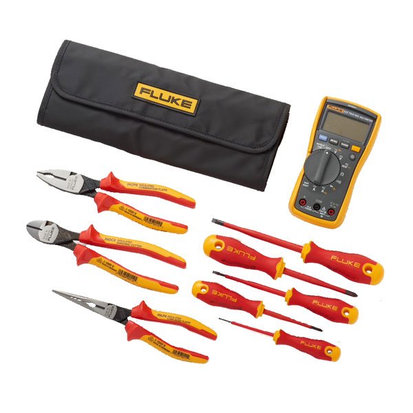 Fluke IB117K 117 Multimeter + 8 Piece 1000V Hand Tools Starter Kit, Roll-Up Tool Pouch