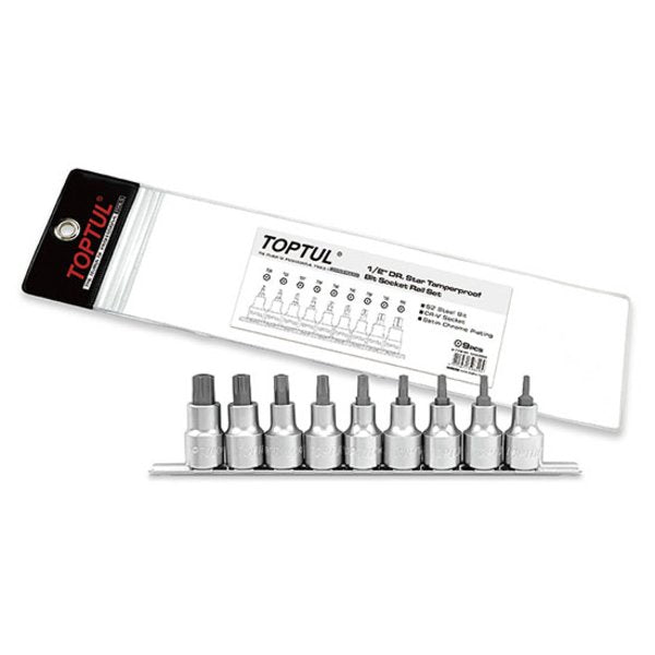 Toptul 9pc 1/2in Dr. Star (Torx) Tamperproof Bit Socket Rail Set