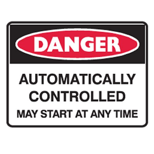 Brady Small Stick On Labels - Danger Automatically Controlled May Start At Any Time, H90mm x W125mm, Self Adhesive Vinyl, White/Red/Black