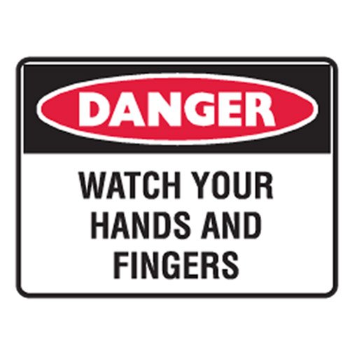 Brady Small Stick On Labels - Danger Watch Your Hands And Fingers, H90mm x W125mm, Self Adhesive Vinyl, White/Red/Black