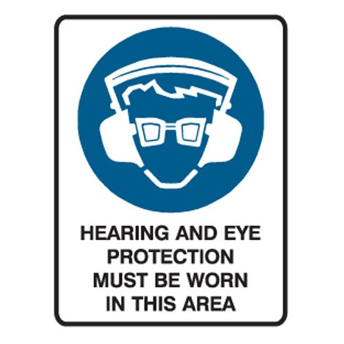 Brady Small Stick On Labels - Hearing And Eye Protection Must Be Worn In This Area, H90mm x W55mm, Self Adhesive Vinyl, White/Blue/Black