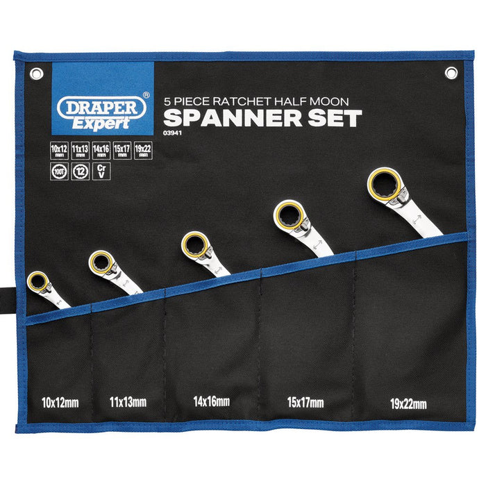 Draper Expert Hi-Torq Double Ring Ratchet Half Moon Spanner Set, 5 Pce