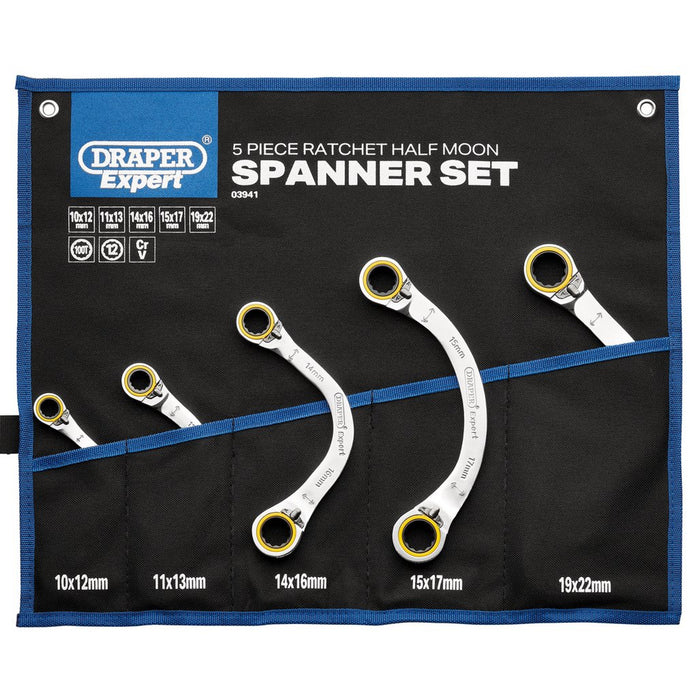 Draper Expert Hi-Torq Double Ring Ratchet Half Moon Spanner Set, 5 Pce