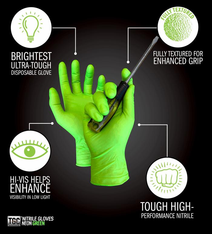 TGC Neon Green Nitrile Gloves Box of 100 - Medium