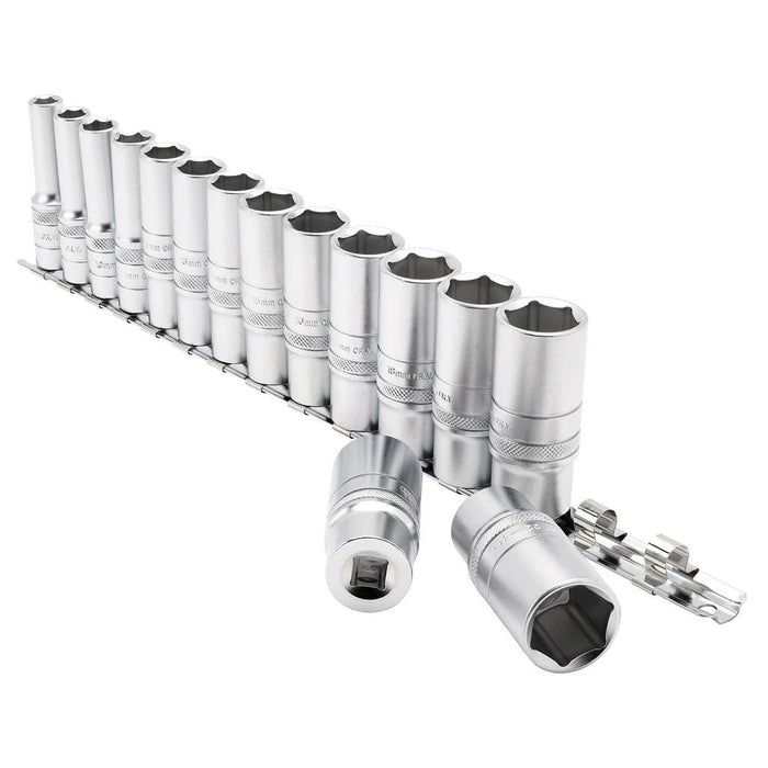 Draper Tools 3/8 Sq. Dr. Metric Deep Socket Set on Metal Rail (15 Piece)
