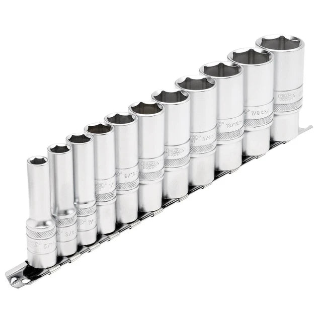 Draper Tools 3/8 Sq. Dr. Imperial Deep Socket Set on Metal Rail (11 Piece)