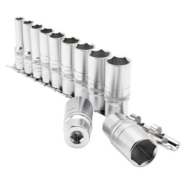 Draper Tools 3/8 Sq. Dr. Imperial Deep Socket Set on Metal Rail (11 Piece)
