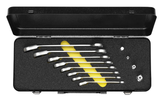 Elora Set-Combination Spanner with Ring Ratchet reversible 8 Pce + Adaptors 204-JS 8M OMS