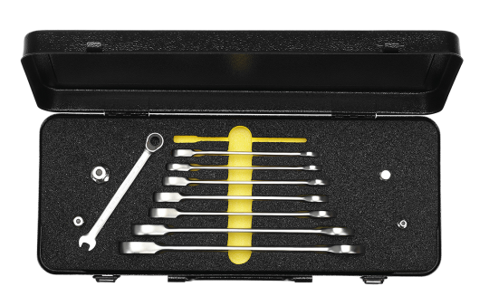 Elora Set-Combination Spanner with Ring Ratchet in metal case 8 Pce + Adaptors 204S 8M OMS
