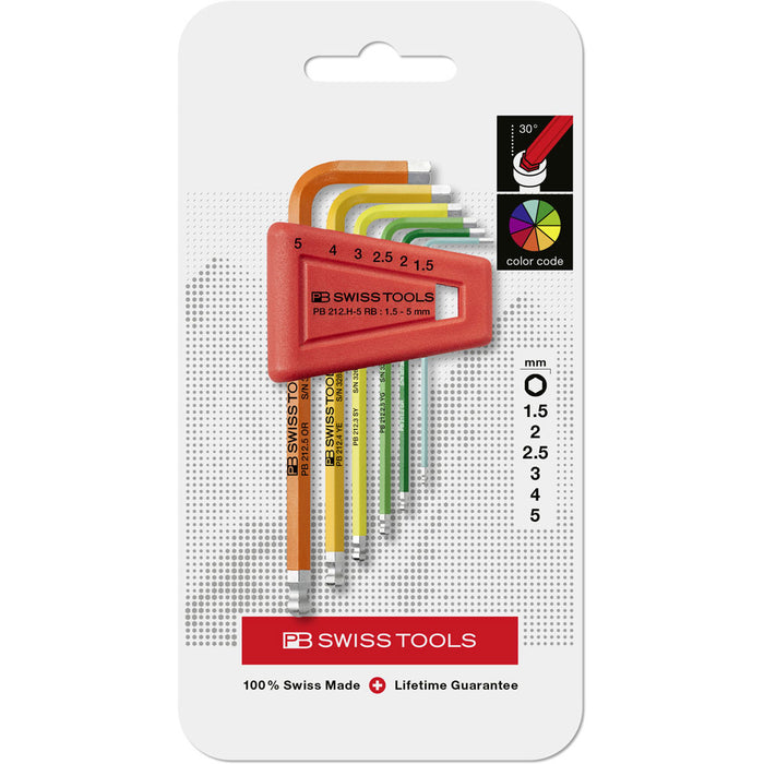 PB Swiss 212.H-5 RainBow Key L-Wrenches with Ball Point 6 Pce Set in Blister Pack