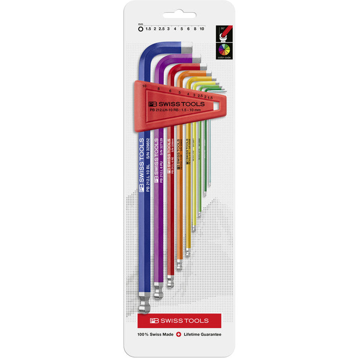 PB Swiss Rainbow 9 Pce Metric Ball End Hex Key Set (1.5-10mm) in Blister Pack