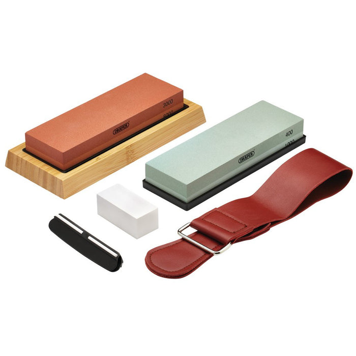 Draper Whetstone Sharpening Stone Set with Non-Slip Base and Angle Guide