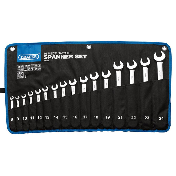 Draper Hi-Torq Metric Ratchet Combination Spanner Set, 16 Pce