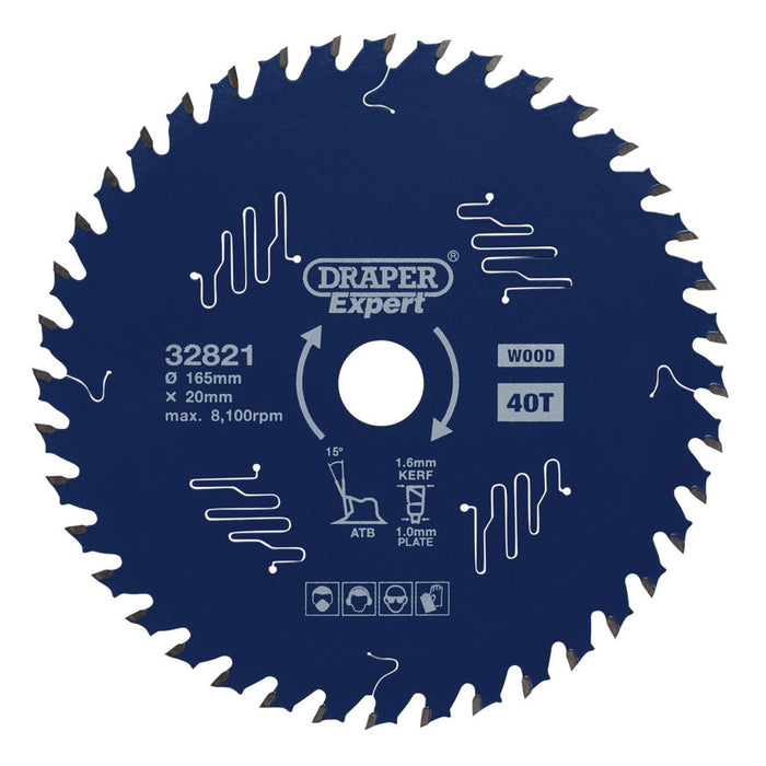 Draper Expert TCT Circular Saw Blade for Wood with PTFE Coating, 165 x 20mm, 40T