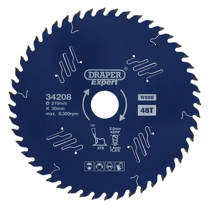 Draper Expert TCT Circular Saw Blade for Wood with PTFE Coating, 210 x 30mm, 48T