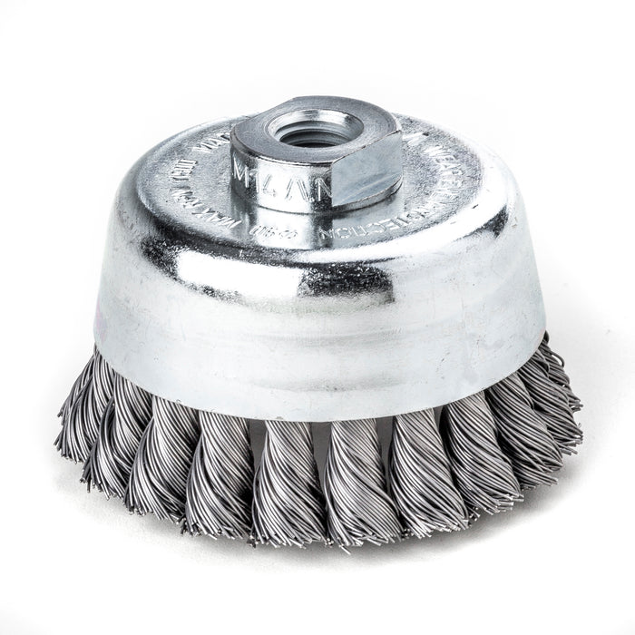 Lessmann Knot Cup Brush Dia 75mm 20 Knots Steel Wire STH Straight 0.35mm Thread M14