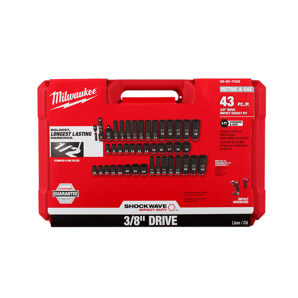 Milwaukee Shockwave™ 3/8in Drive 43PC SAE & Metric Deep 6 Point Impact Socket Set