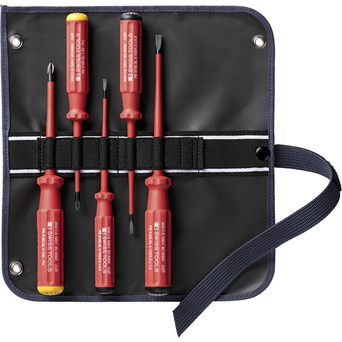 PB Swiss 5 Pce Slotted & Phillips VDE Slim Screwdriver Set in Roll-Up Case