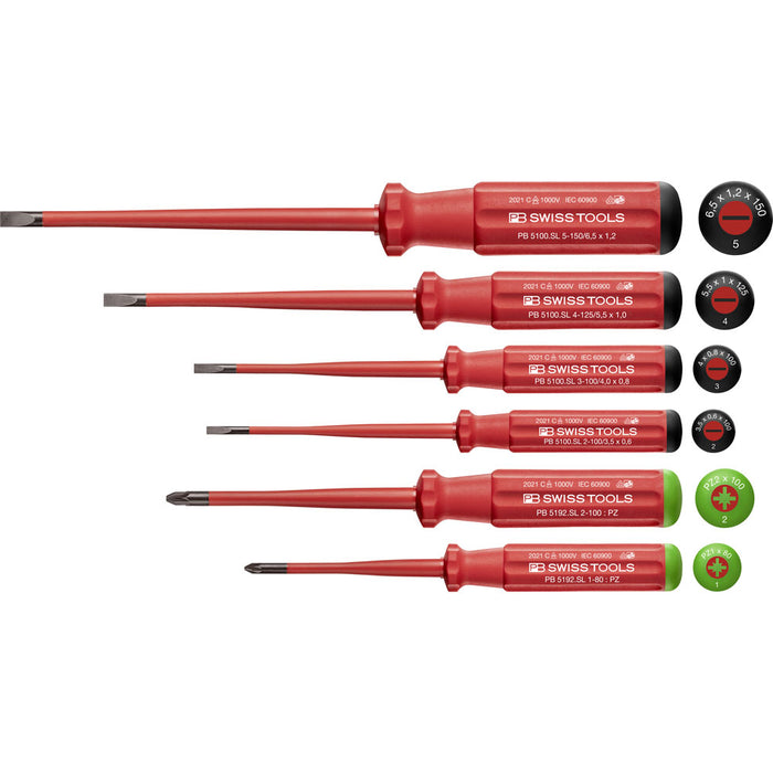 PB Swiss 6 Pce Slotted & Pozidriv Classic VDE Slim Screwdriver Set