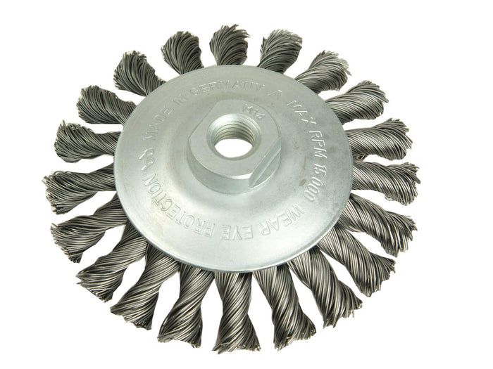 Lessmann Knot Conical Brush Dia 100 x 12mm 18 Z Steel Wire STH Straight 0.5mm Thread M10