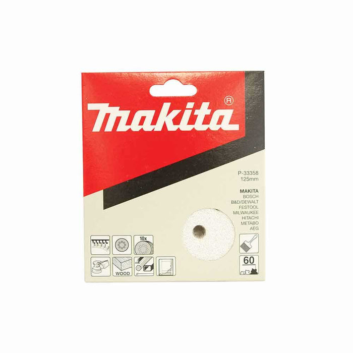 Makita 125mm 60G 8-Hole Hook & Loop Sanding Disc, 10 Pce