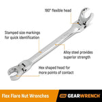 Gearwrench 5 Piece Ratcheting Flex Head Flare Nut SAE Spanner Set 89100