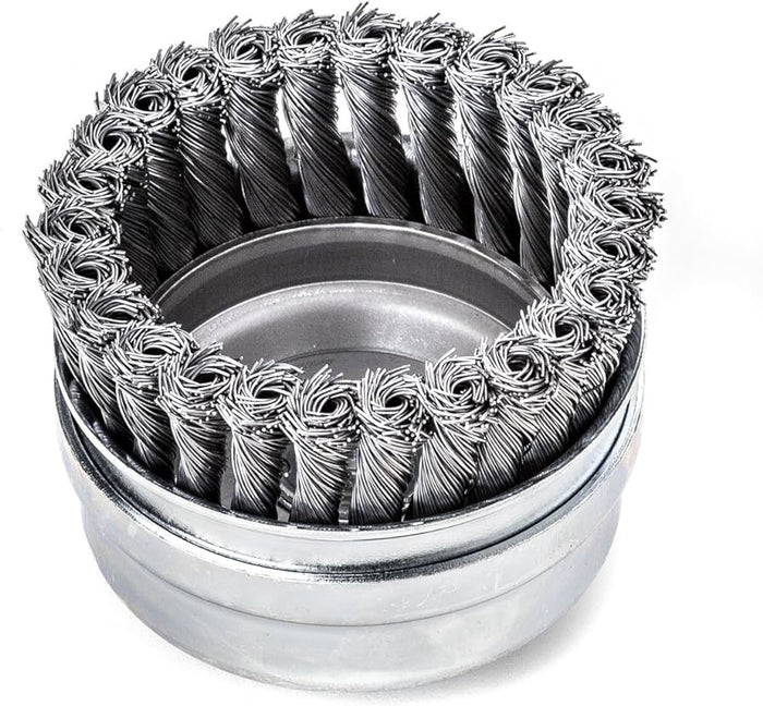 Lessmann Knot Cup Brush with Support Ring 26 Braids 100mm Dia M14 Thread & Steel Wire Trim