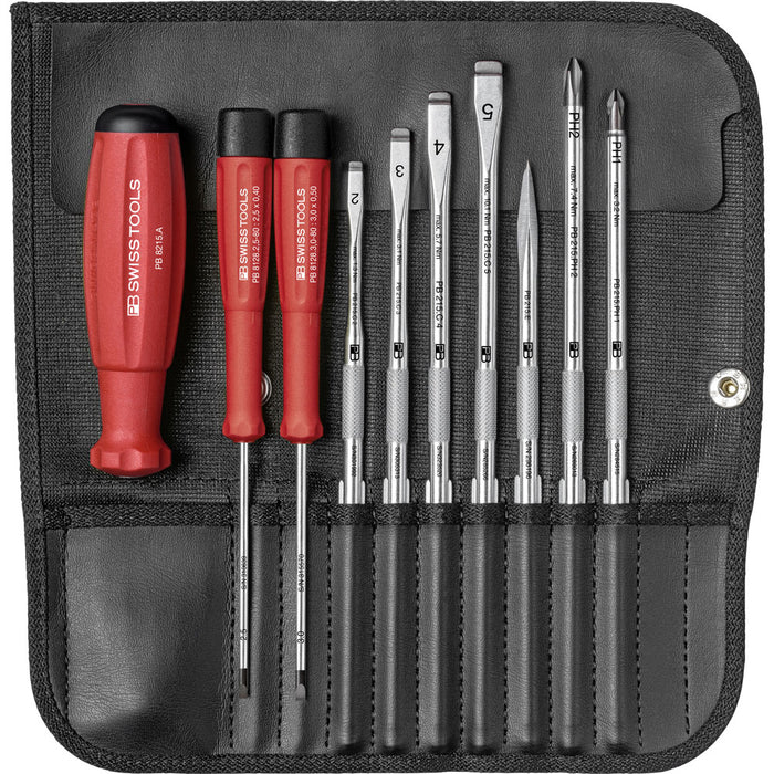 PB Swiss Slotted & Phillips SwissGrip Screwdriver 9 Pce Set with Interchangeable Blades in Roll-Up Case