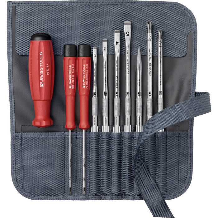 PB Swiss SwissGrip Slotted & Phillips Screwdriver 9 Pce Set with Interchangeable Blades in Roll-Up Case