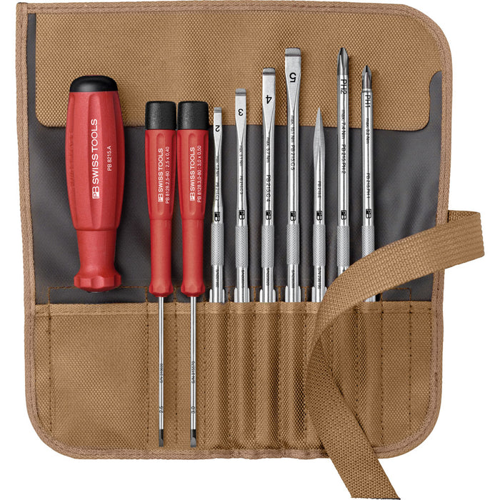PB Swiss SwissGrip 9 Pce Slotted & Phillips Screwdriver Set with Interchangeable Blades in Roll-Up Case