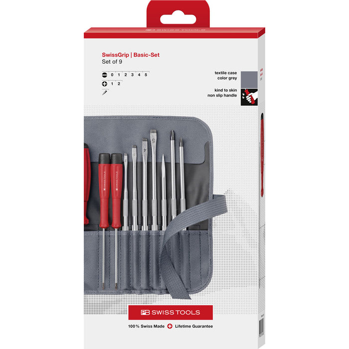 PB Swiss SwissGrip Slotted & Phillips Screwdriver 9 Pce Set with Interchangeable Blades in Cardboard Box