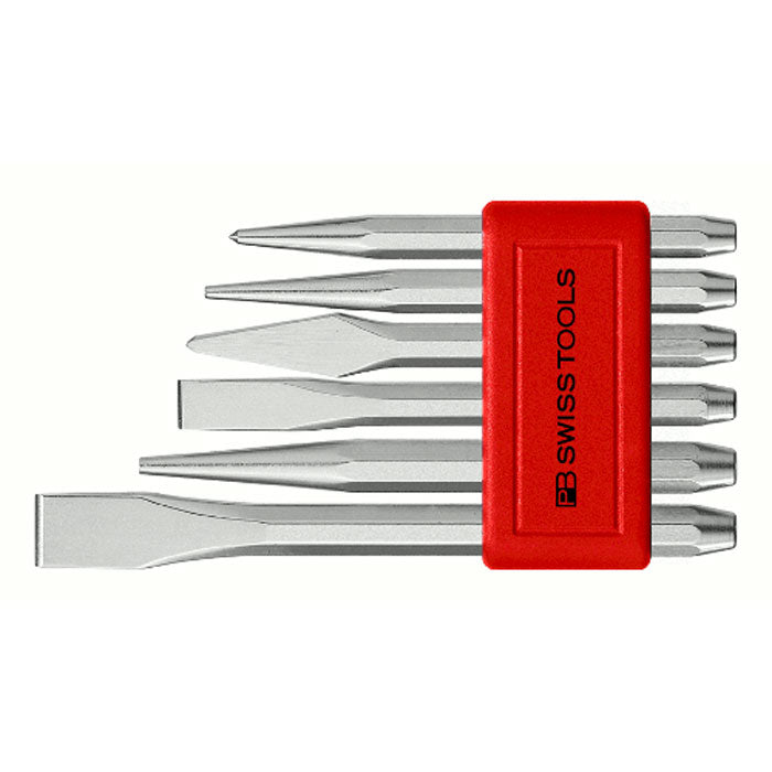 PB Swiss 6 Pce Flat & Cross-Cut Chisel, Centre Punch, Drift Punches in Plastic Holder