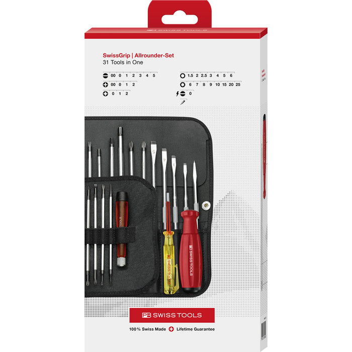 PB Swiss SwissGrip Screwdriver Set with Interchangeable Blades 31 in 1 in Cardboard Box