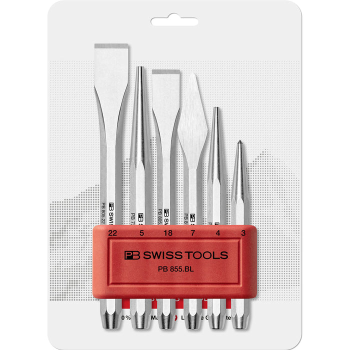 PB Swiss Flat & Cross-Cut Chisel, Center Punch, Drift Punch 6 Pce Set in Skin Pack