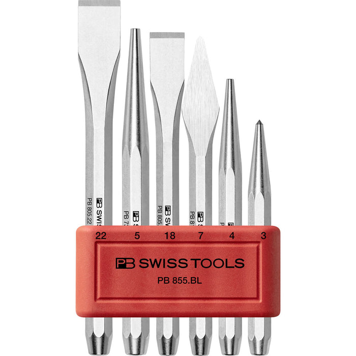 PB Swiss Flat and Cross-Cut Chisel, Center Punch, Drift Punch 6 Pce Set in Plastic Holder